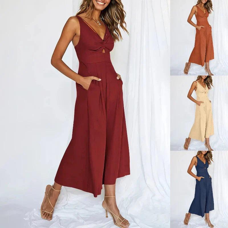 Elegant ermeløs jumpsuit med vide ben