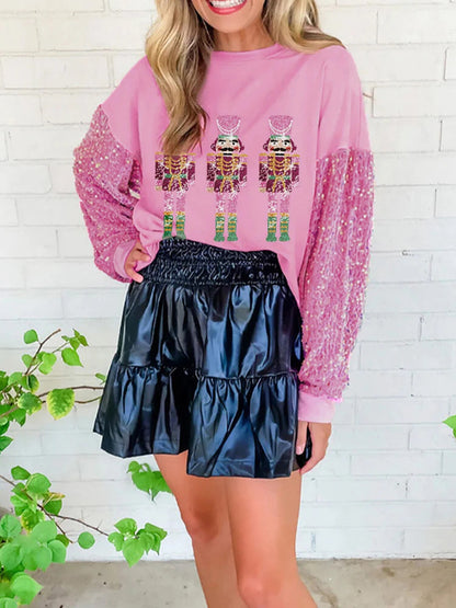 Rosa Nøtteknekker Paljettsleeve Patchwork Sweatshirt