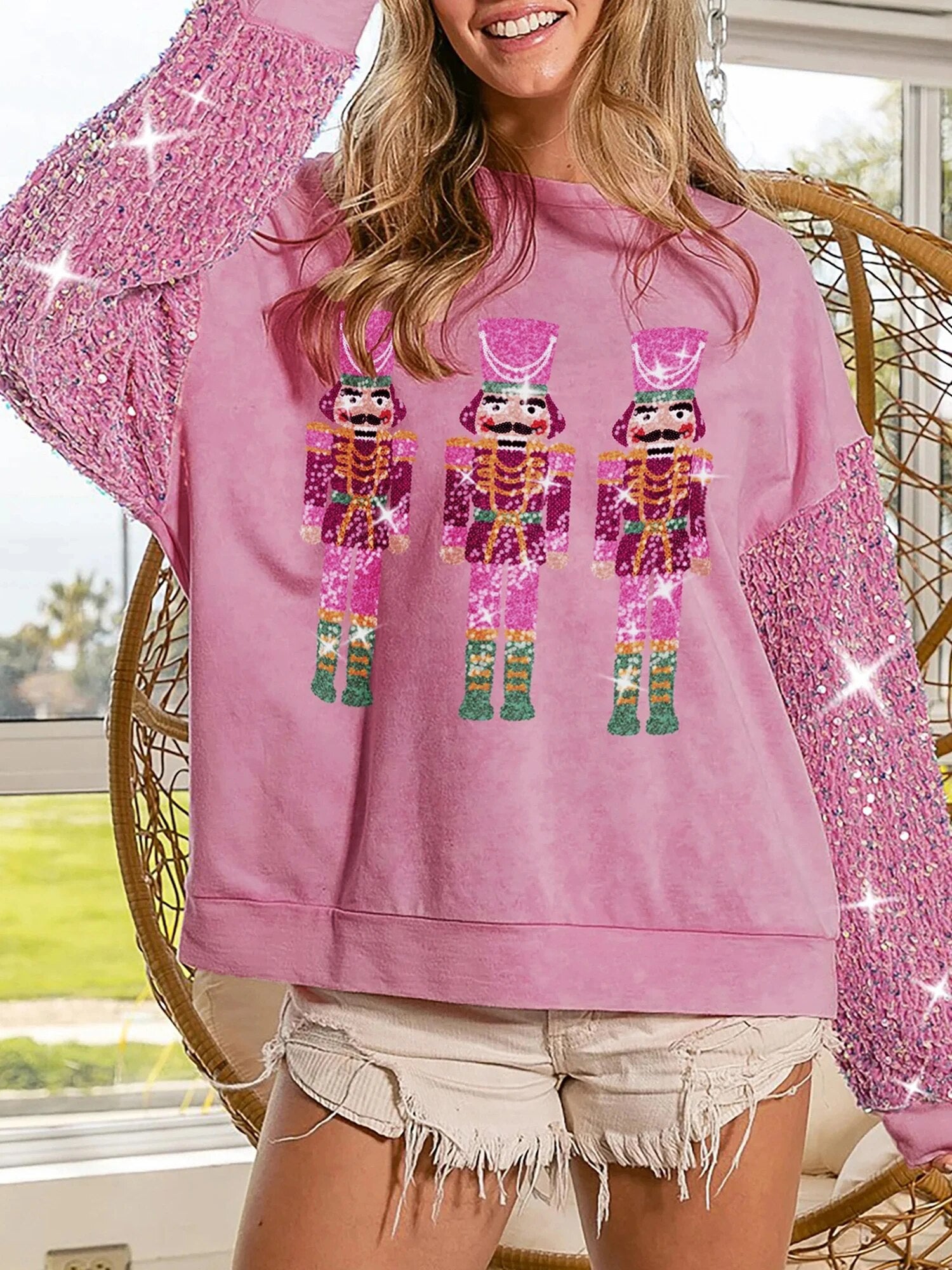 Rosa Nøtteknekker Paljettsleeve Patchwork Sweatshirt