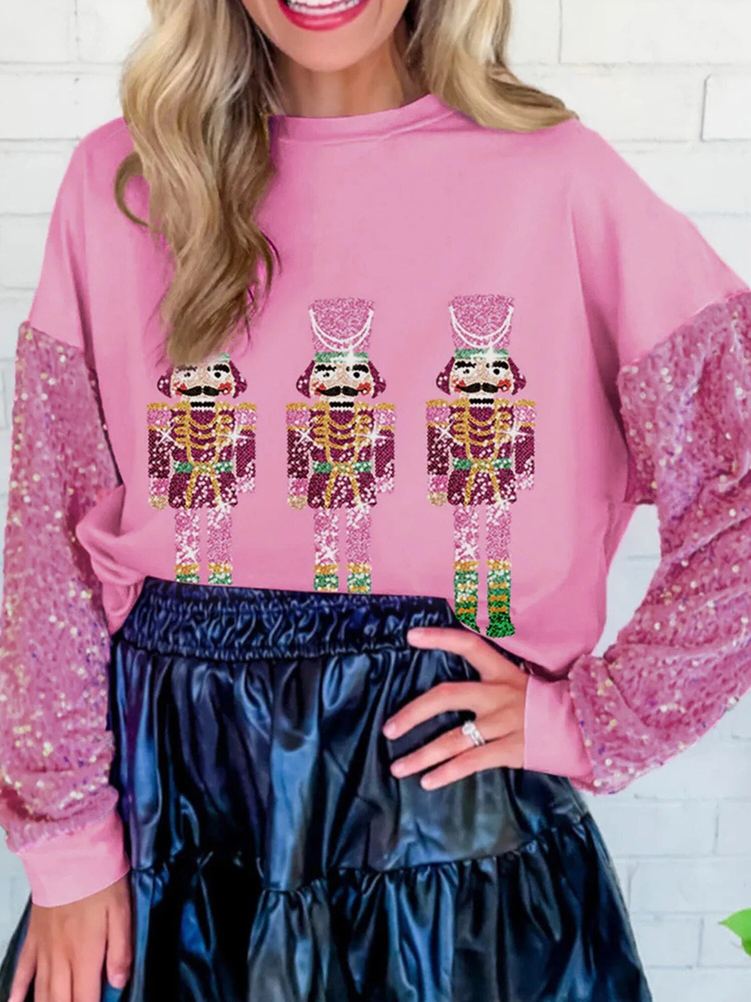 Rosa Nøtteknekker Paljettsleeve Patchwork Sweatshirt