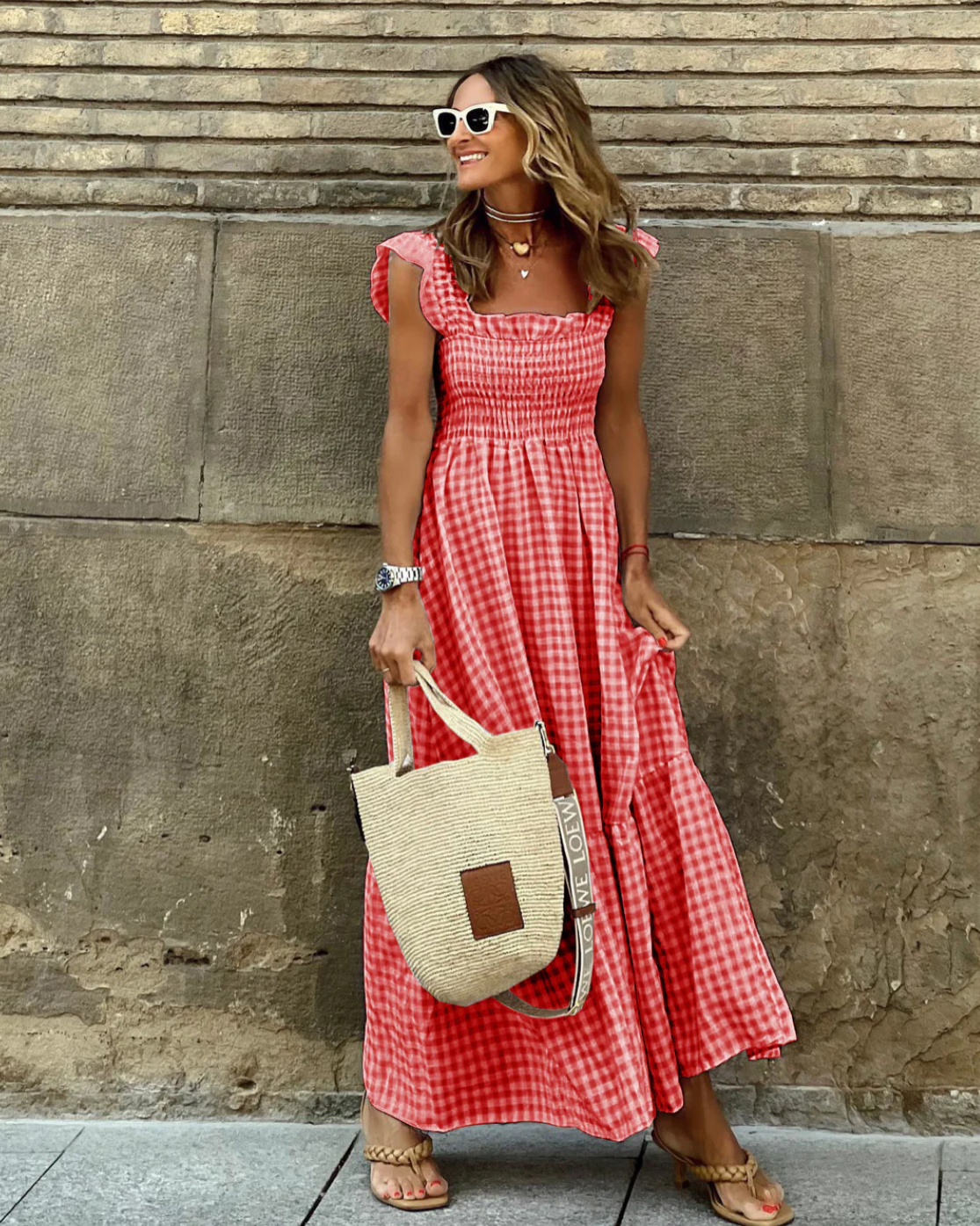 Sommer Smocked Gingham Maxi Kjole med Volangerm