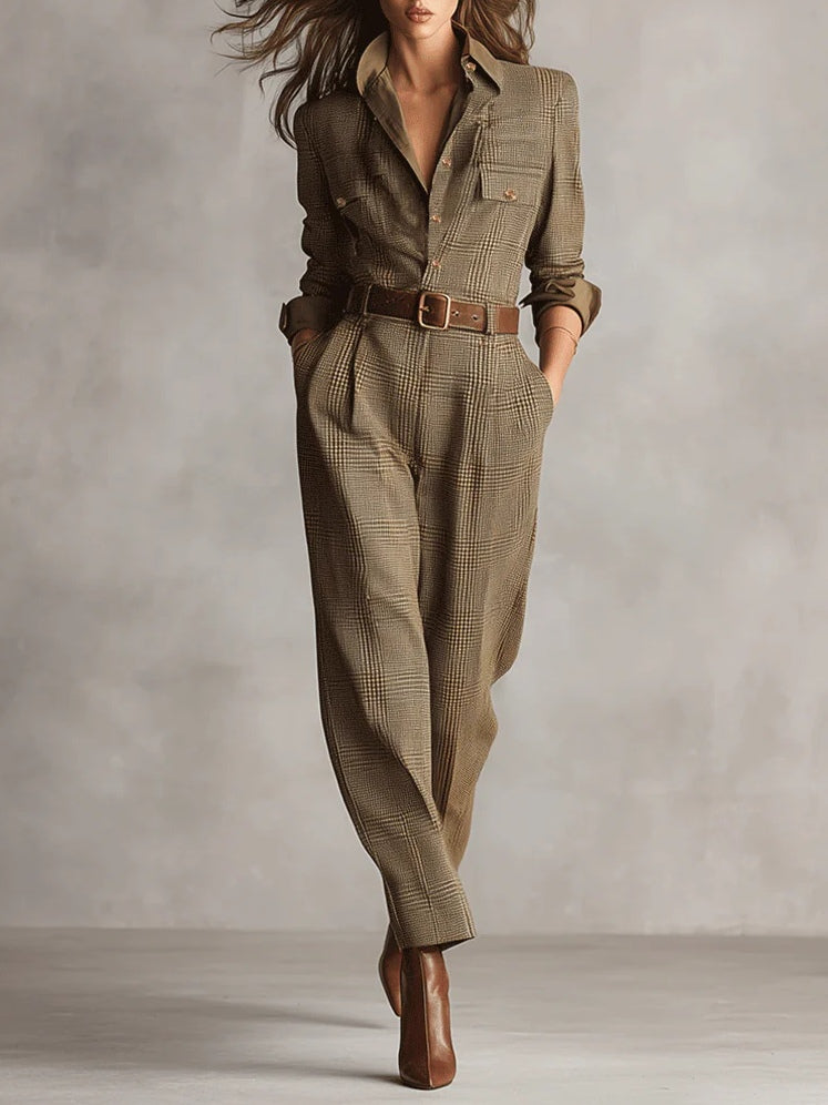 Klaerigo – Elegant rutete buksedress – Brun
