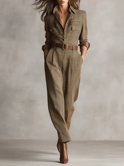 Klaerigo – Elegant rutete buksedress – Brun