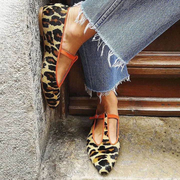 Zara | Spisse flate sko i khaki semsket skinn med leopardmønster og T-stropp – 5