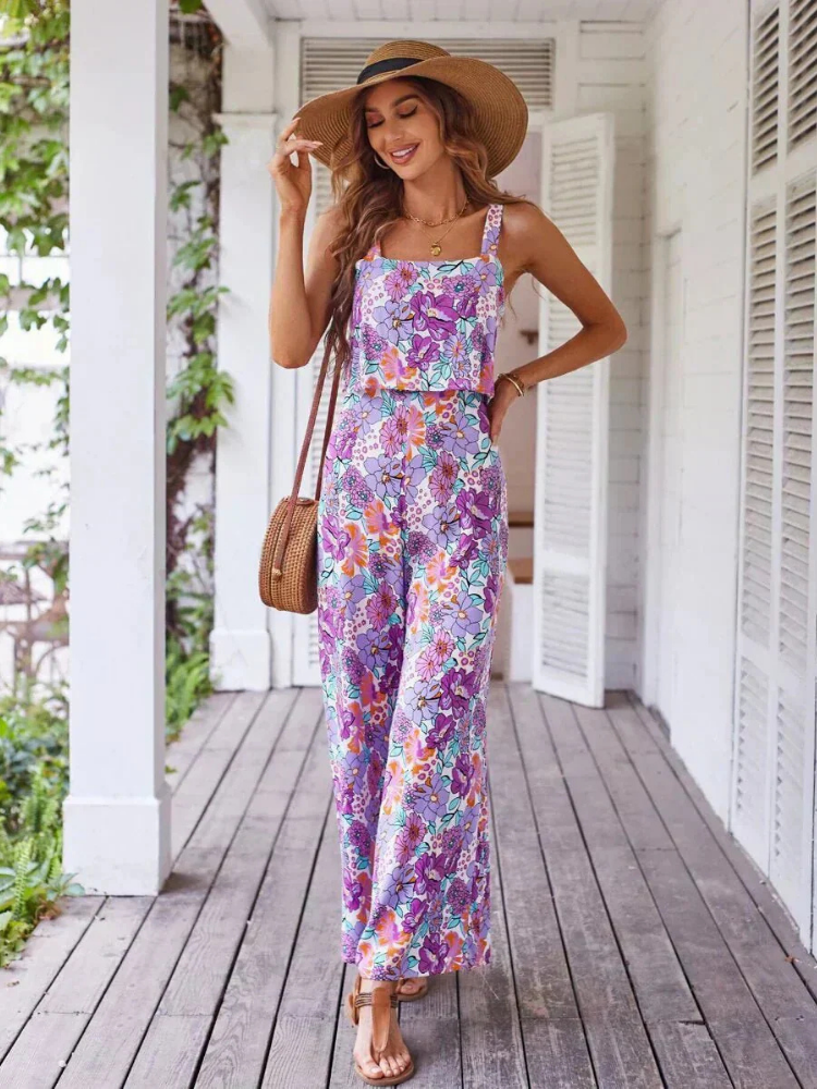Zinnia | Elastisk buksedress med firkantet hals og vide ben