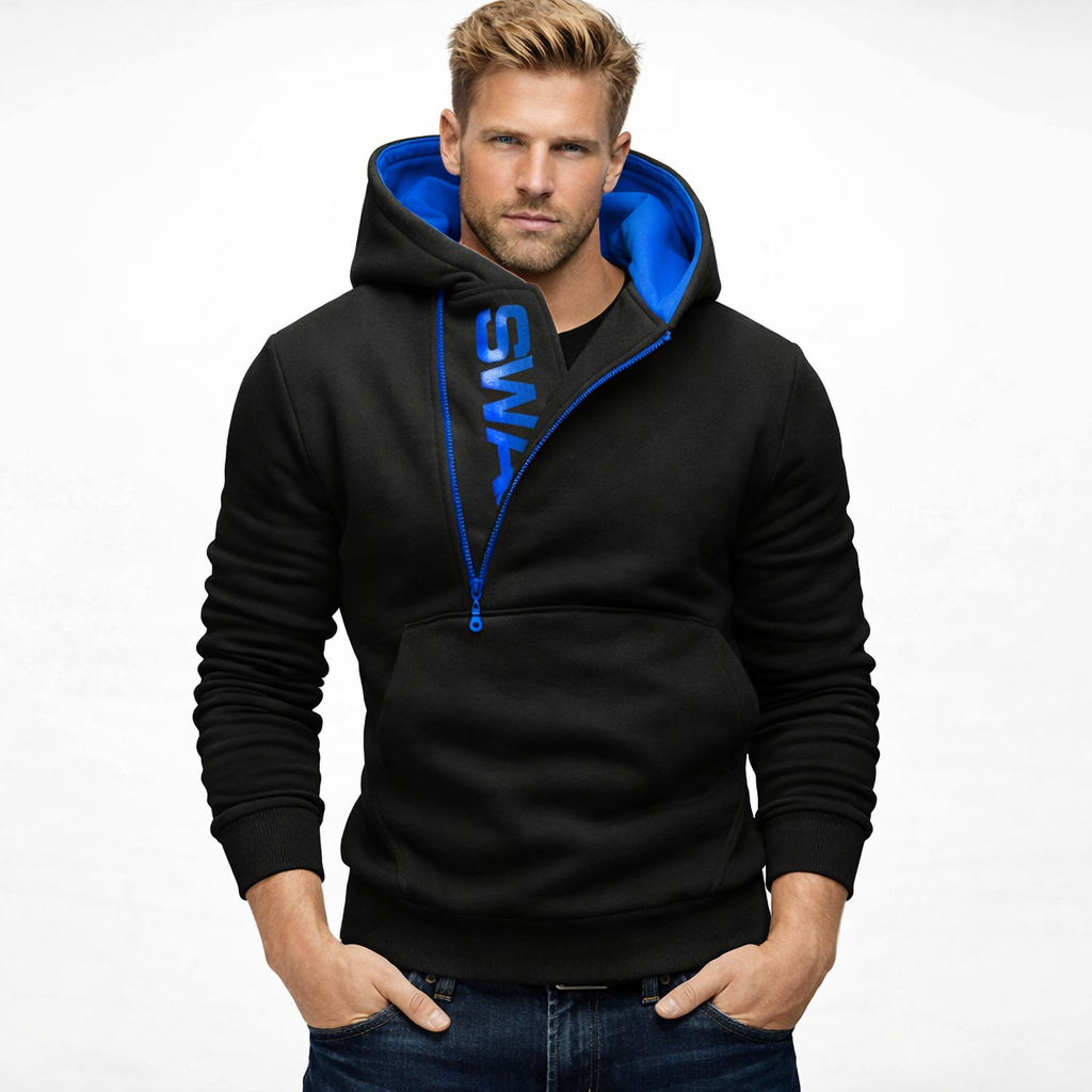 Herre Hoodie med Glidelås og Høy Hals – Langermet Genserjakke i Sort | Komfortabel og Stilig Sweatshirt til Høst og Vinter