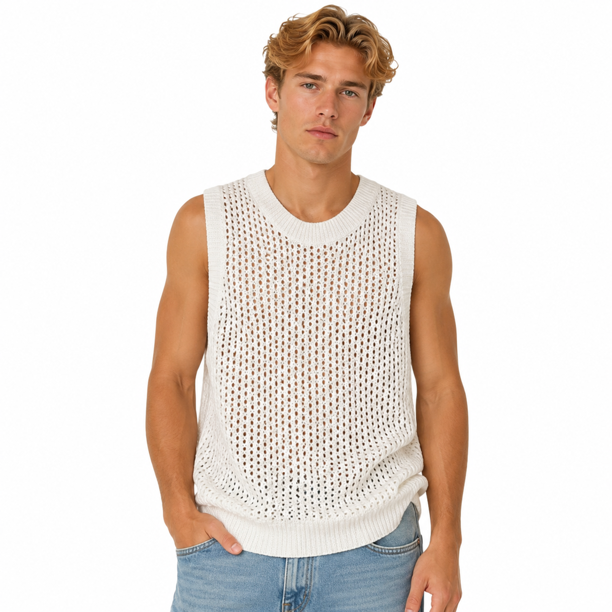 Mesh Strikket Tanktopp til Herre – Ermeløs Oversized Topp – Hvit