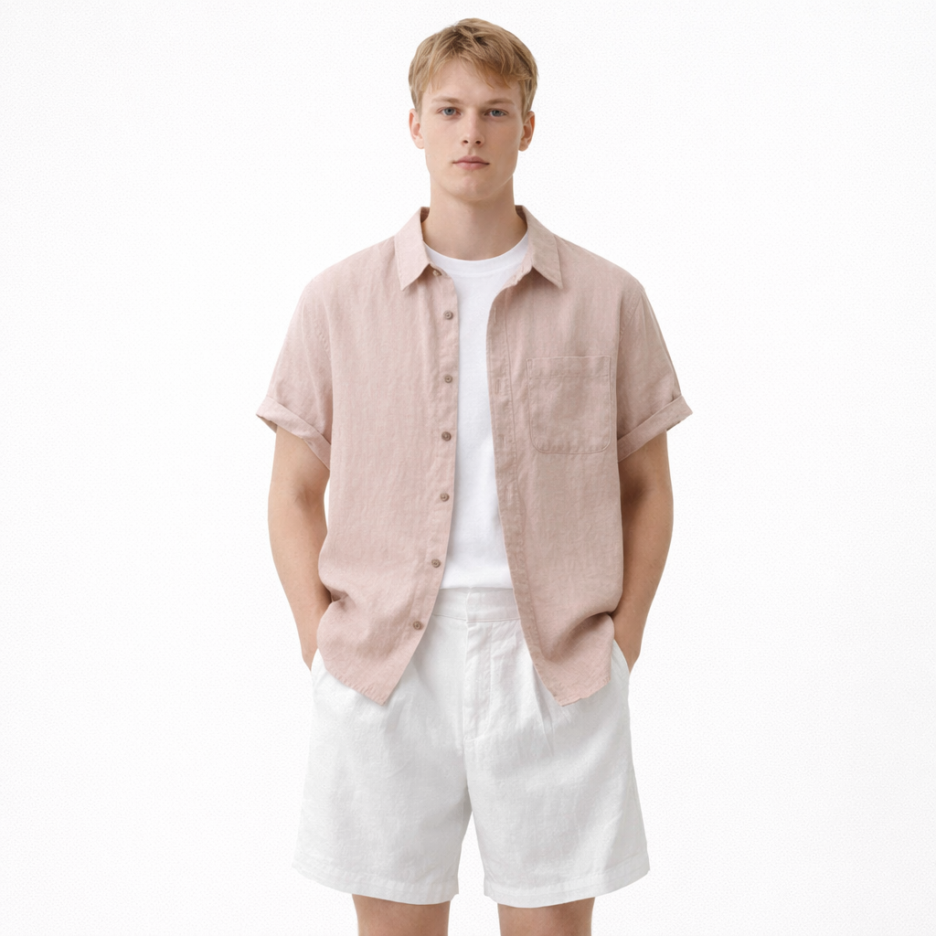 Linskjorte til Herre – 100% Lin, Kortermet &amp; Minimalistisk Sommerstil – Rosa