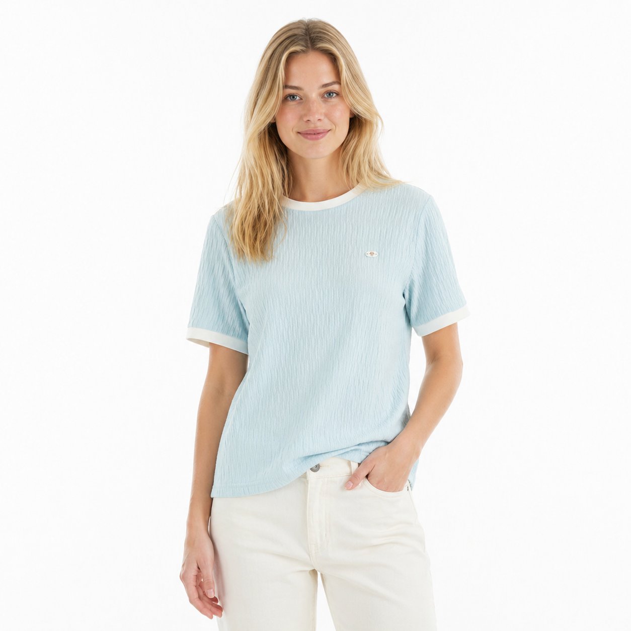 Strikket T-skjorte til Dame – Plissert Design &amp; Casual Stil – Lyseblå