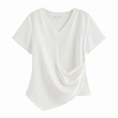 Figursydd Topp til Dame – V-Hals med Drapert Midje og Asymmetrisk Design