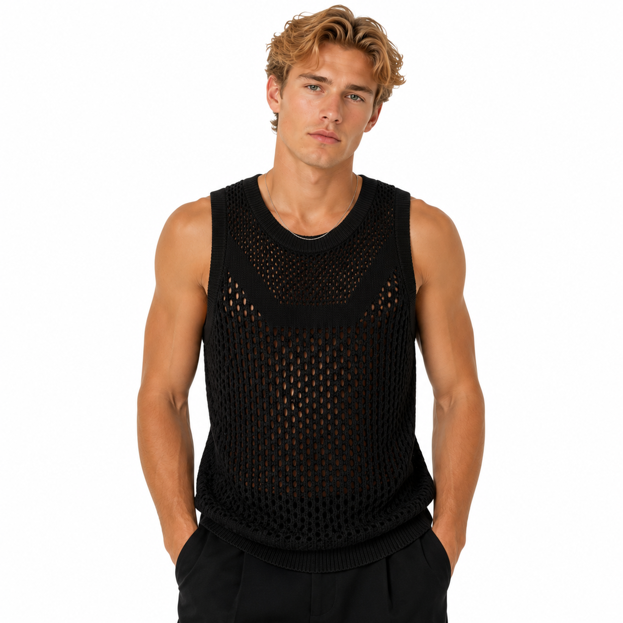 Mesh Strikket Tanktopp til Herre – Ermeløs Oversized Topp
