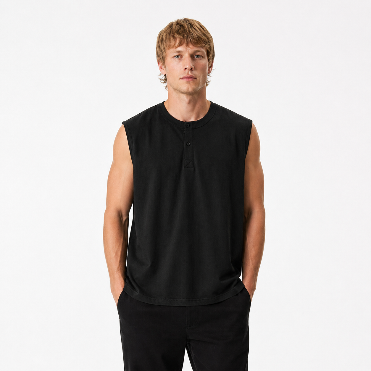 Ermeløs Henley T-skjorte til Herre – 100% Bomull Oversized Singlet