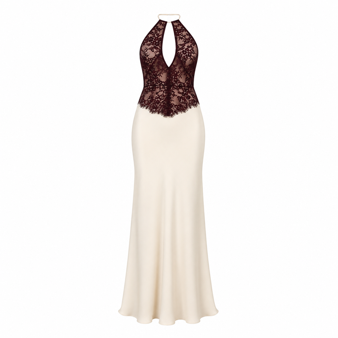 Elegant Maxikjole til Dame | Satengkjole med Halterneck og Blondedetaljer
