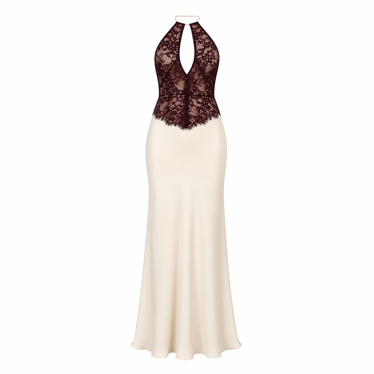Elegant Maxikjole til Dame | Satengkjole med Halterneck og Blondedetaljer