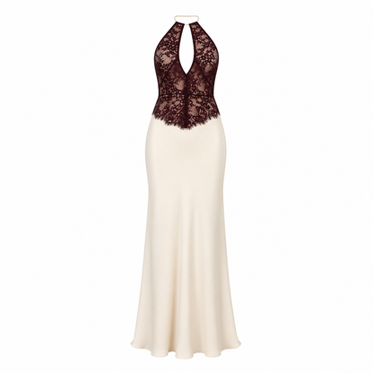Elegant Maxikjole til Dame | Satengkjole med Halterneck og Blondedetaljer