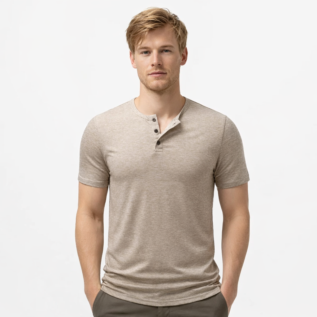 Herre T-skjorte med Henley-hals – Pustende Bomull &amp; Klassisk Sommerstil – Blå