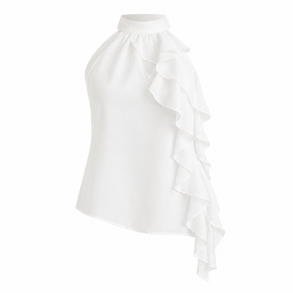 Halter Off-Shoulder Topp til Dame – Hvit Sommertopp med Volanger
