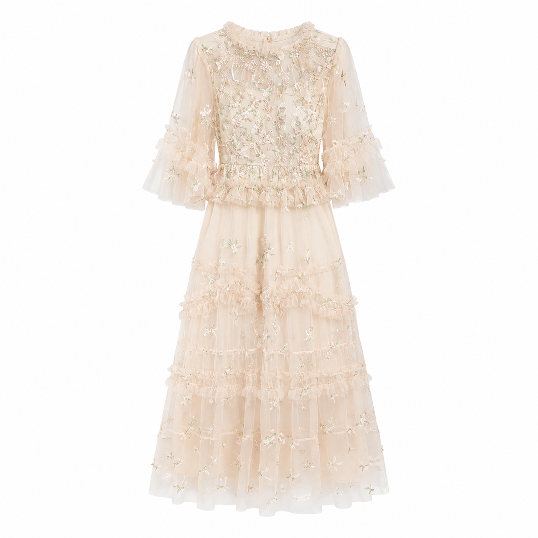 Brodert Midi Kjole til Dame – Elegant Kjole med Blomster og Volangdetaljer