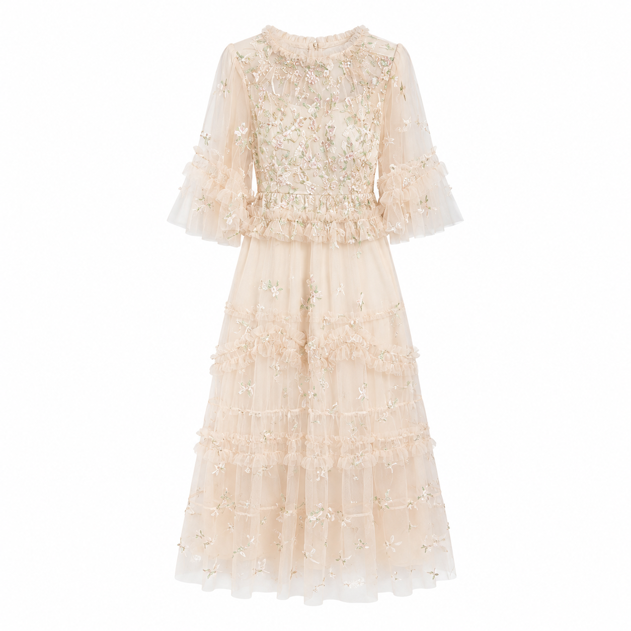 Brodert Midi Kjole til Dame – Elegant Kjole med Blomster og Volangdetaljer