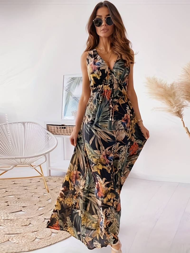 Boho-kjole med tropisk trykk