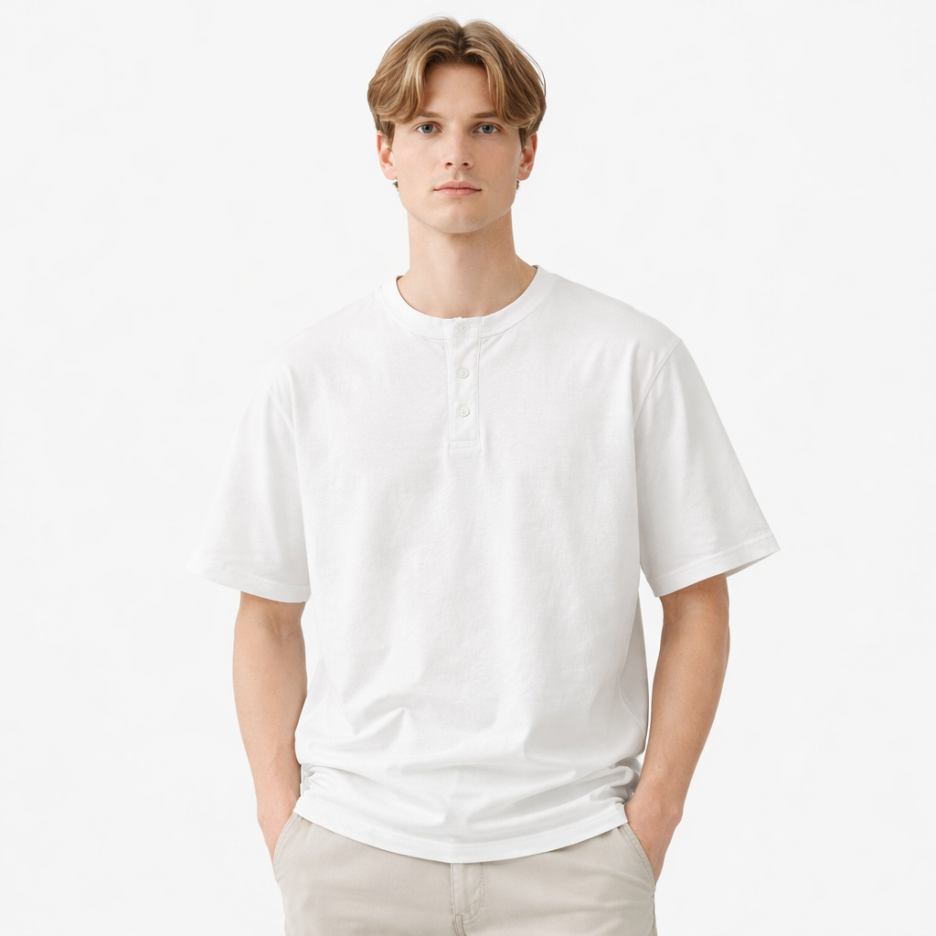 Tykk Henley T-skjorte til Herre – 100% Bomull, Oversized Passform (320g)