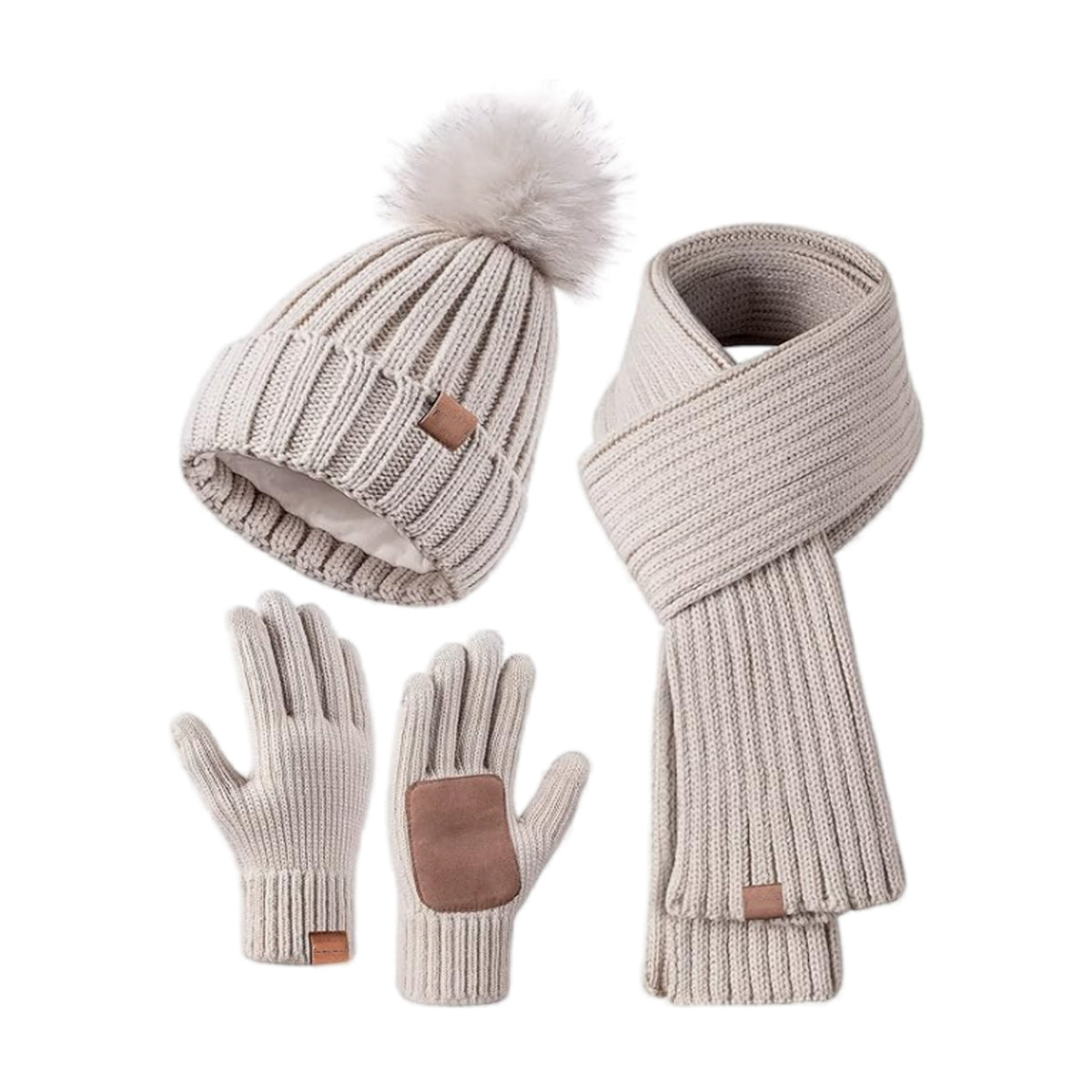 Lue skjerf og hansker sett dame beige