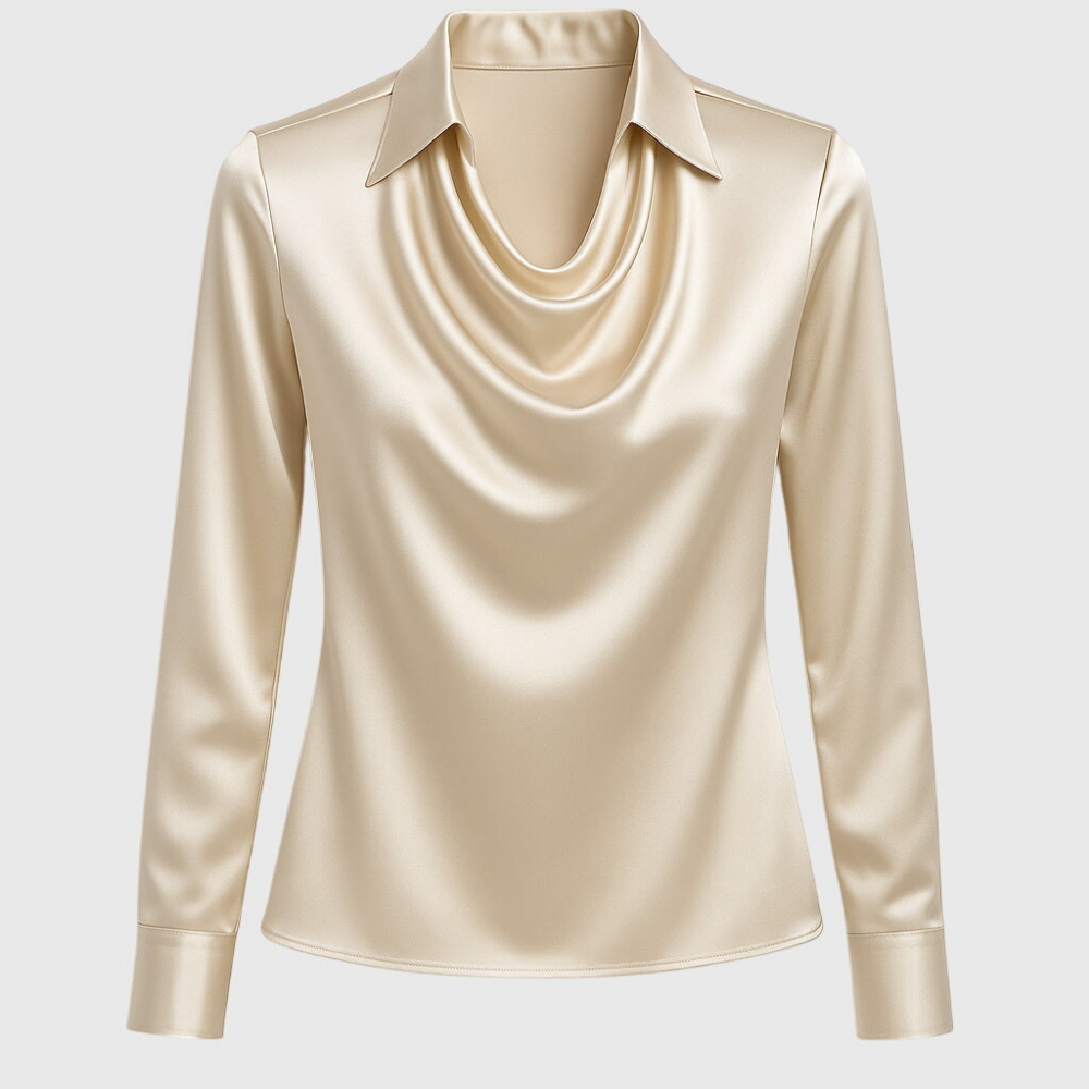 Marlowe | Elegant bluse i sateng med vannfallshals og krage