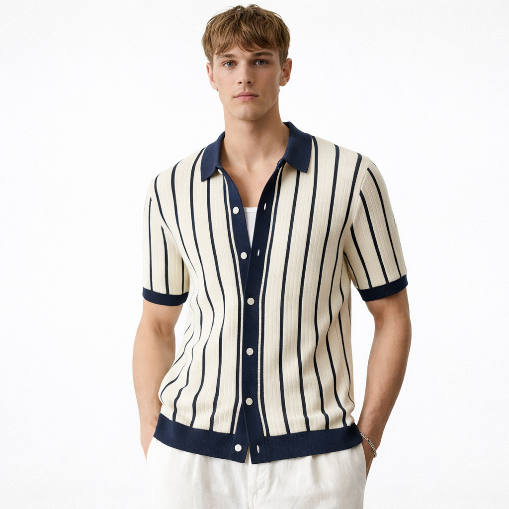 Strikket Polo til Herre – Stripete Patchwork &amp; Smart Casual Sommerstil – Som vist