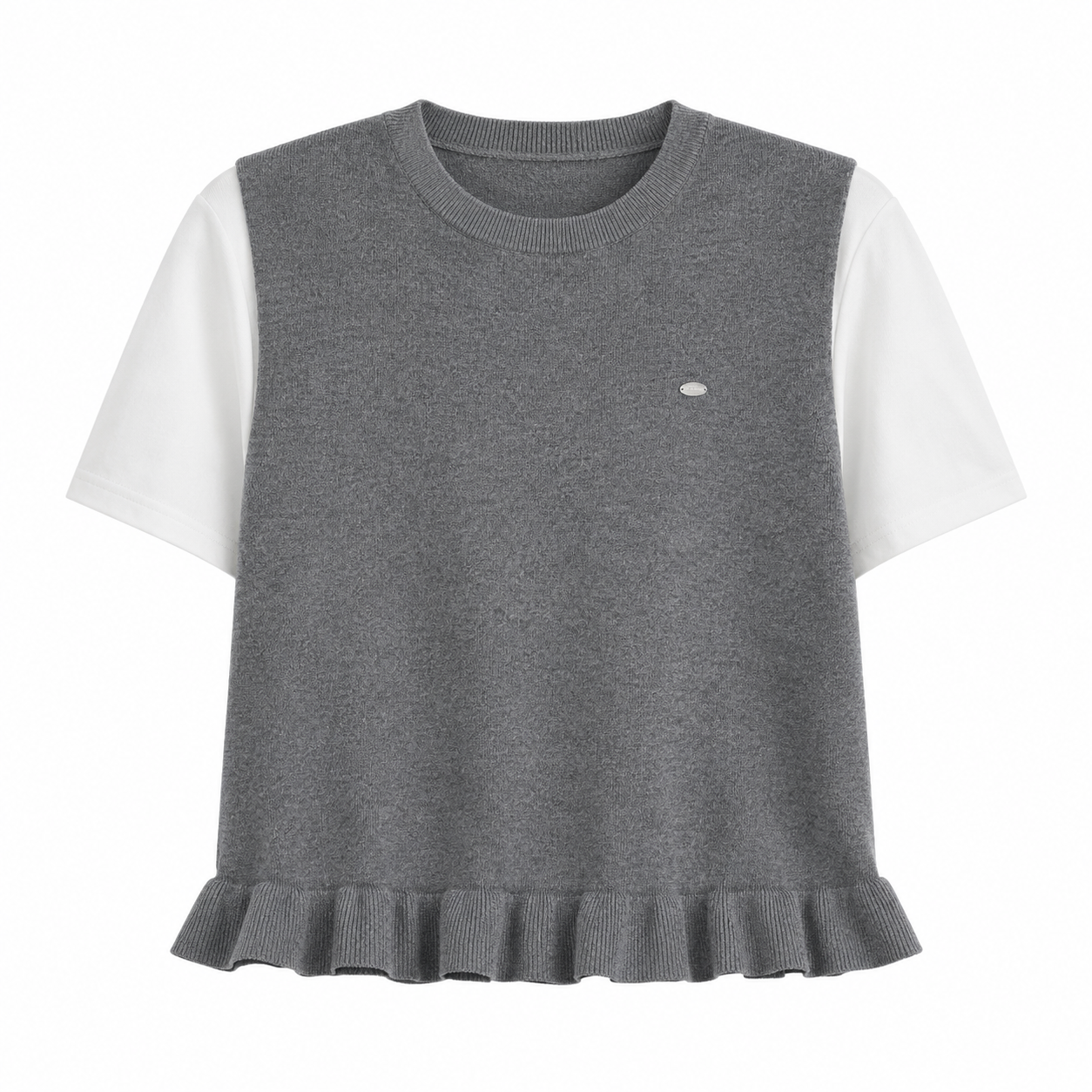 Strikket Faux Two-Piece Topp til Dame – Kontrast og Volangdetaljer