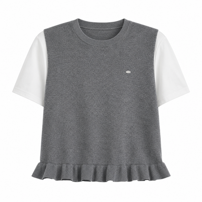 Strikket Faux Two-Piece Topp til Dame – Kontrast og Volangdetaljer