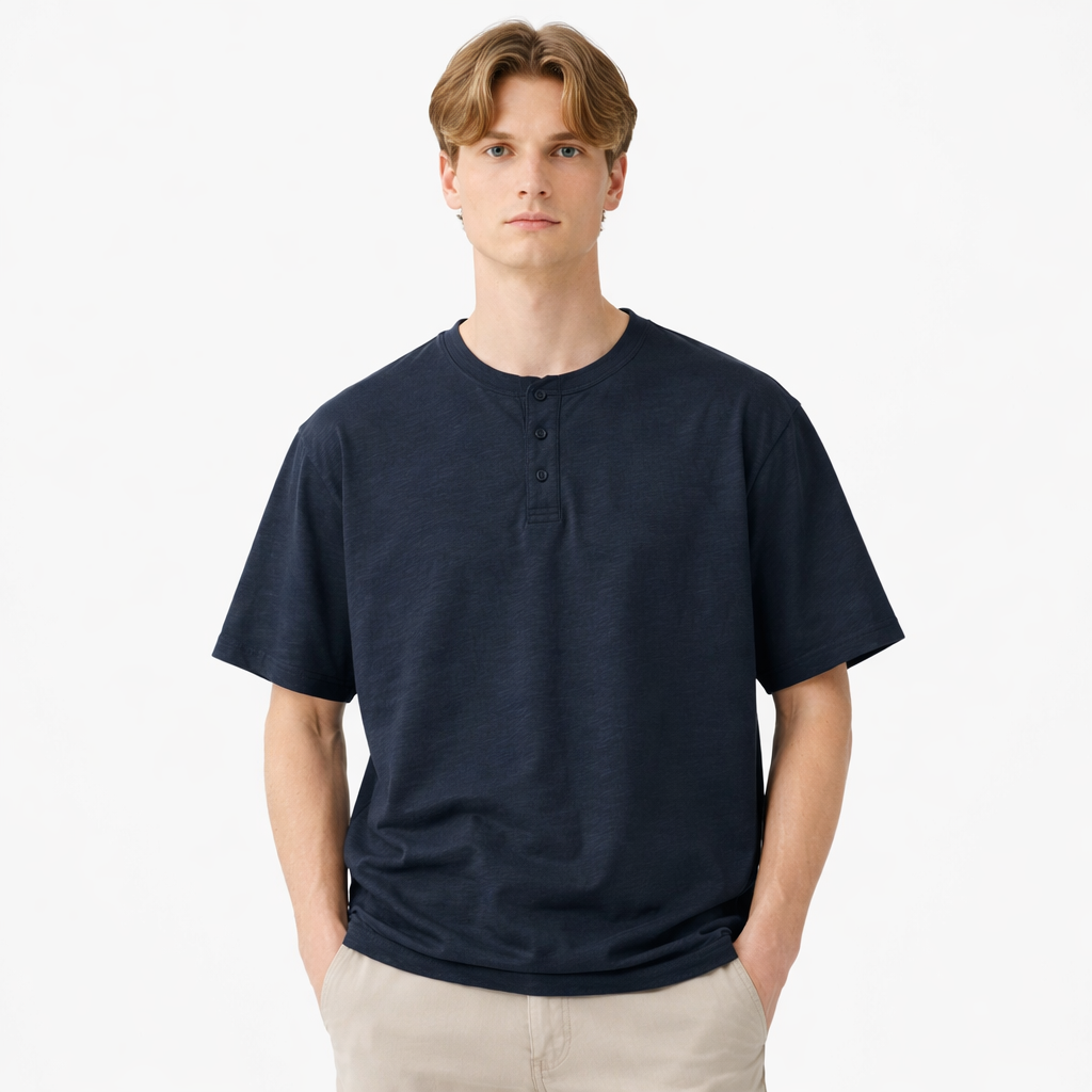 Tykk Henley T-skjorte til Herre – 100% Bomull, Oversized Passform (320g)