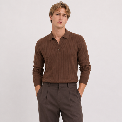 Stripet Polo Genser til Herre – Strikket Langermet Pullover med Slim Fit