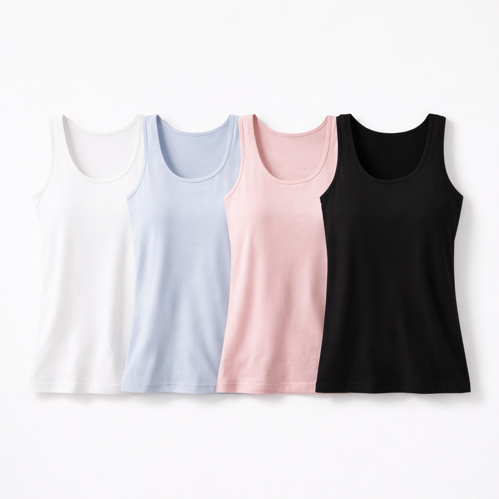 Dame Singlet med Innebygd BH – Slim Fit Topp med Polstring Pakke – Hvit + Blå + Rosa + Svart