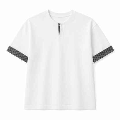 Kraftig Henley T-skjorte til Herre – 260g med Rutete Detaljer &amp; Løs Passform