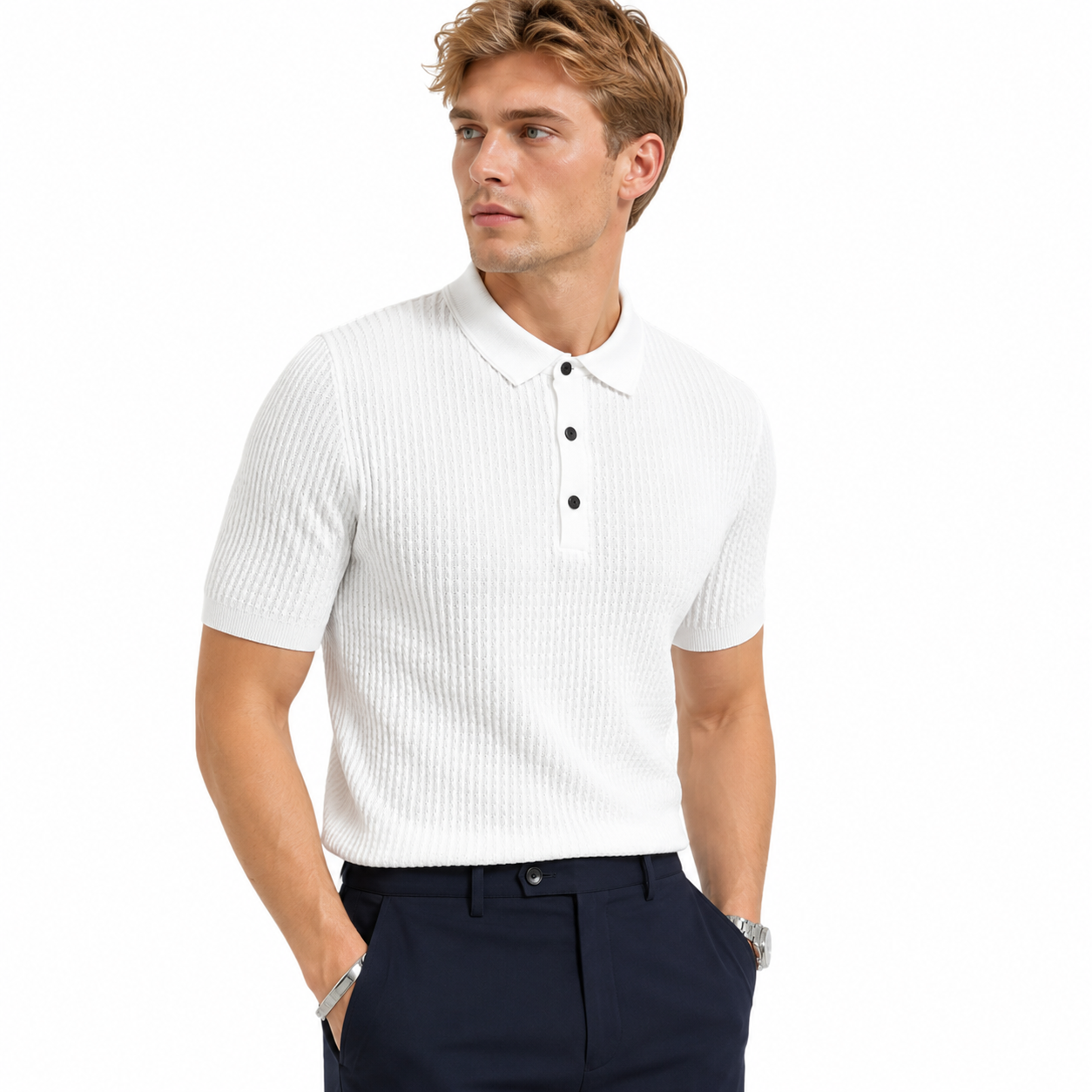 Strikket Slim Fit Polo for Herre med Striper – Kortermet Business Casual – Hvit