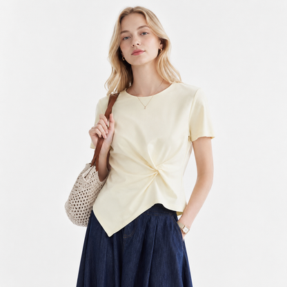Asymmetrisk Bomulls T-skjorte til Dame – Slim Fit Sommertopp i 100 % Bomull – Beige aprikos