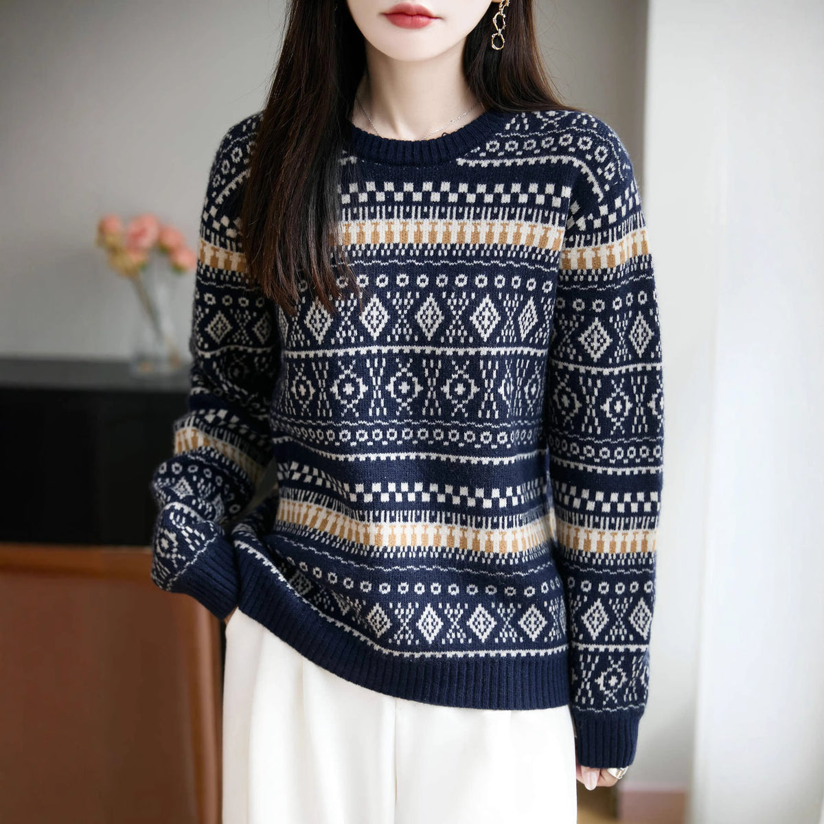 Fair Isle strikkegenser dame marineblå