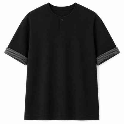 Kraftig Henley T-skjorte til Herre – 260g med Rutete Detaljer &amp; Løs Passform