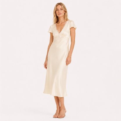 Sateng Midi Kjole til Dame – Elegant Kjole med Blonder og V-Hals – Beige
