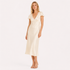 Sateng Midi Kjole til Dame – Elegant Kjole med Blonder og V-Hals – Beige