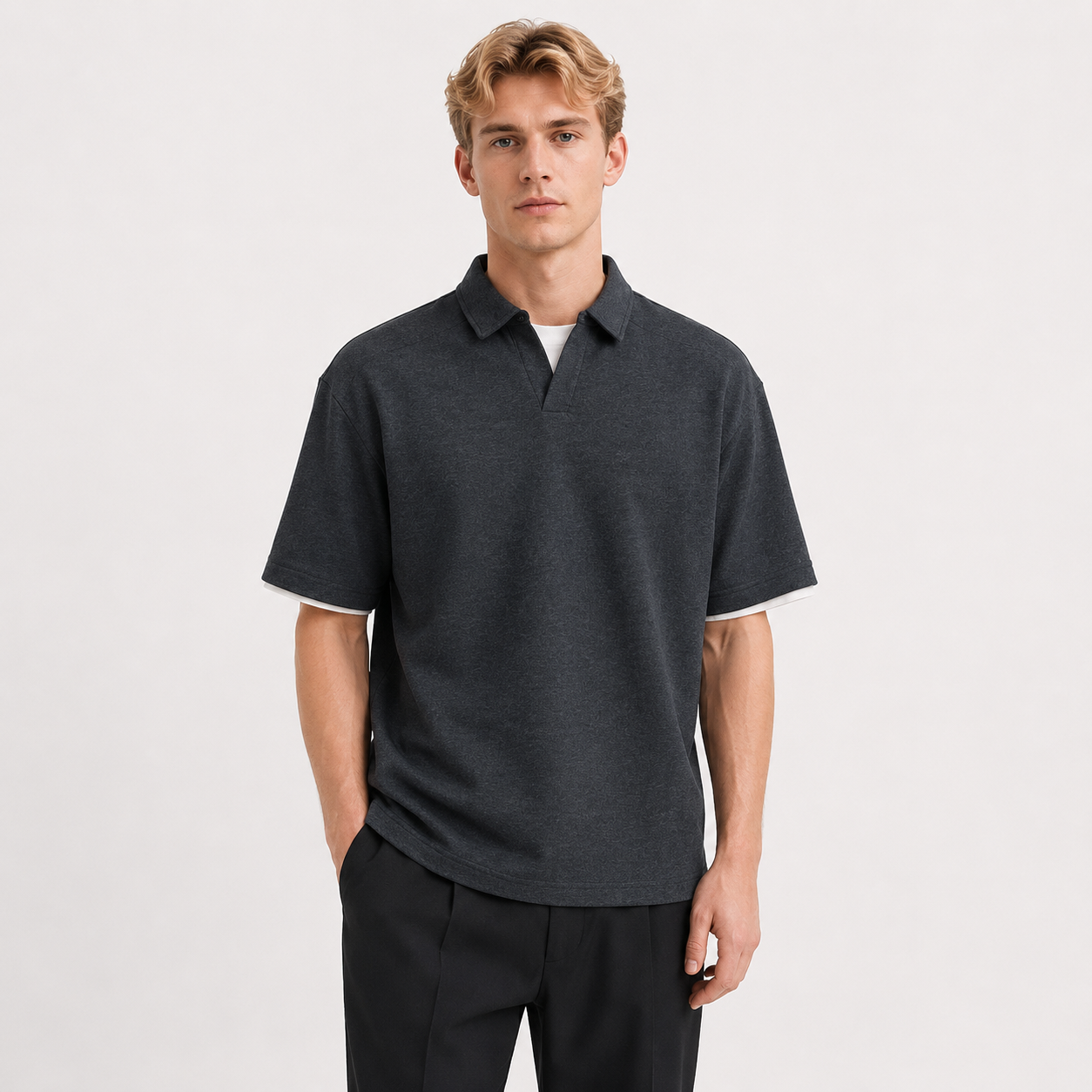 Polo T-skjorte til Herre – Retro Kortermet Topp med Lag-på-Lag Effekt