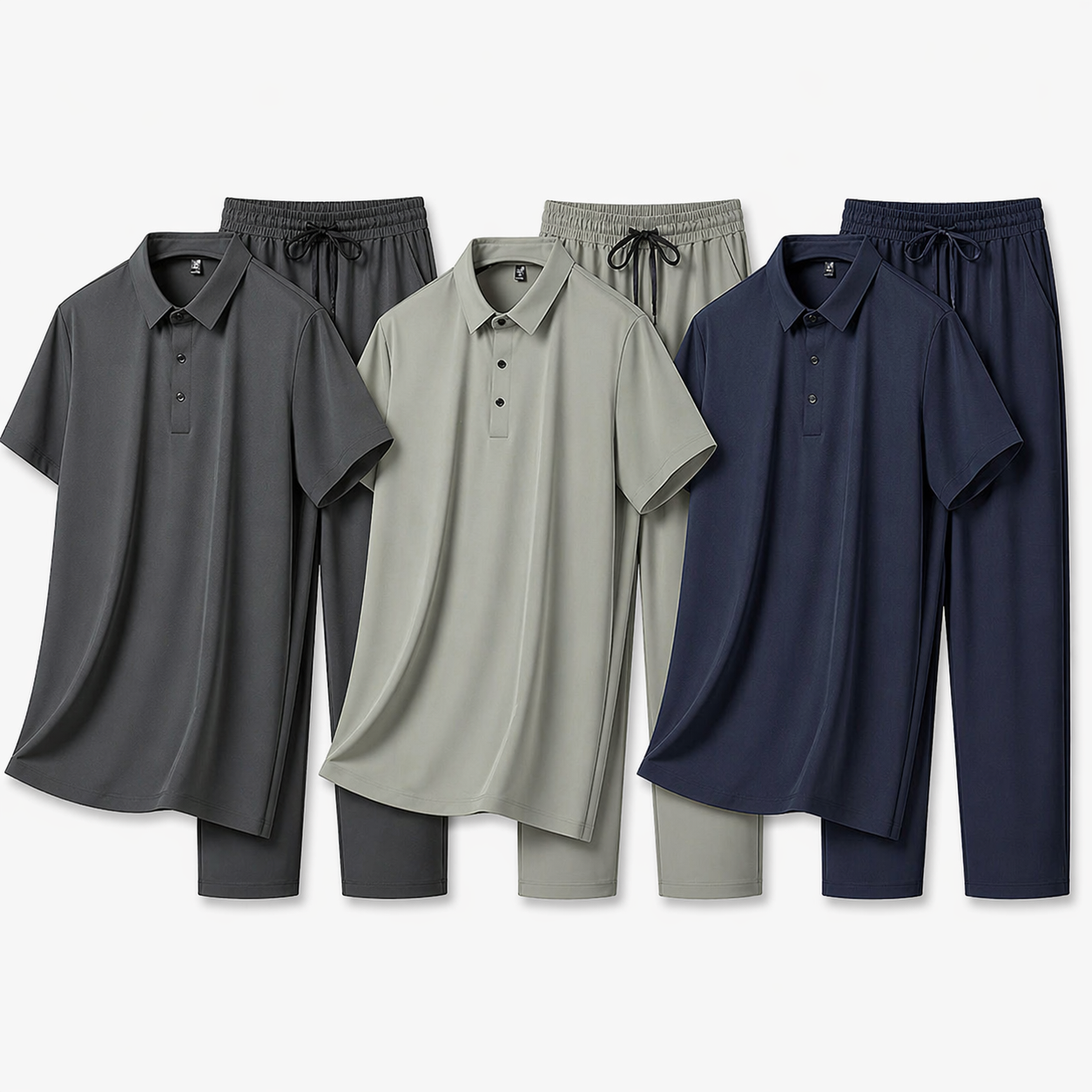 Sommerens Favoritt: Pustende Herresett i Is-silke – Polo &amp; Bukse i Todelt Joggedress Pakke
