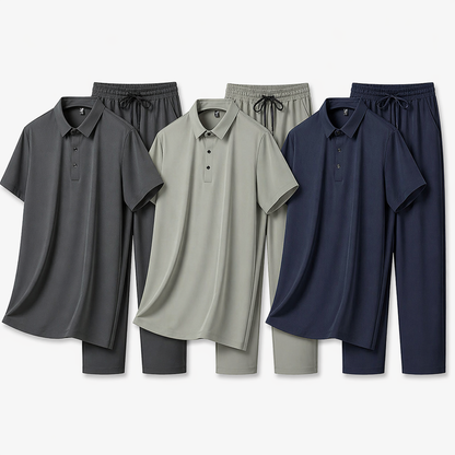 Sommerens Favoritt: Pustende Herresett i Is-silke – Polo &amp; Bukse i Todelt Joggedress Pakke