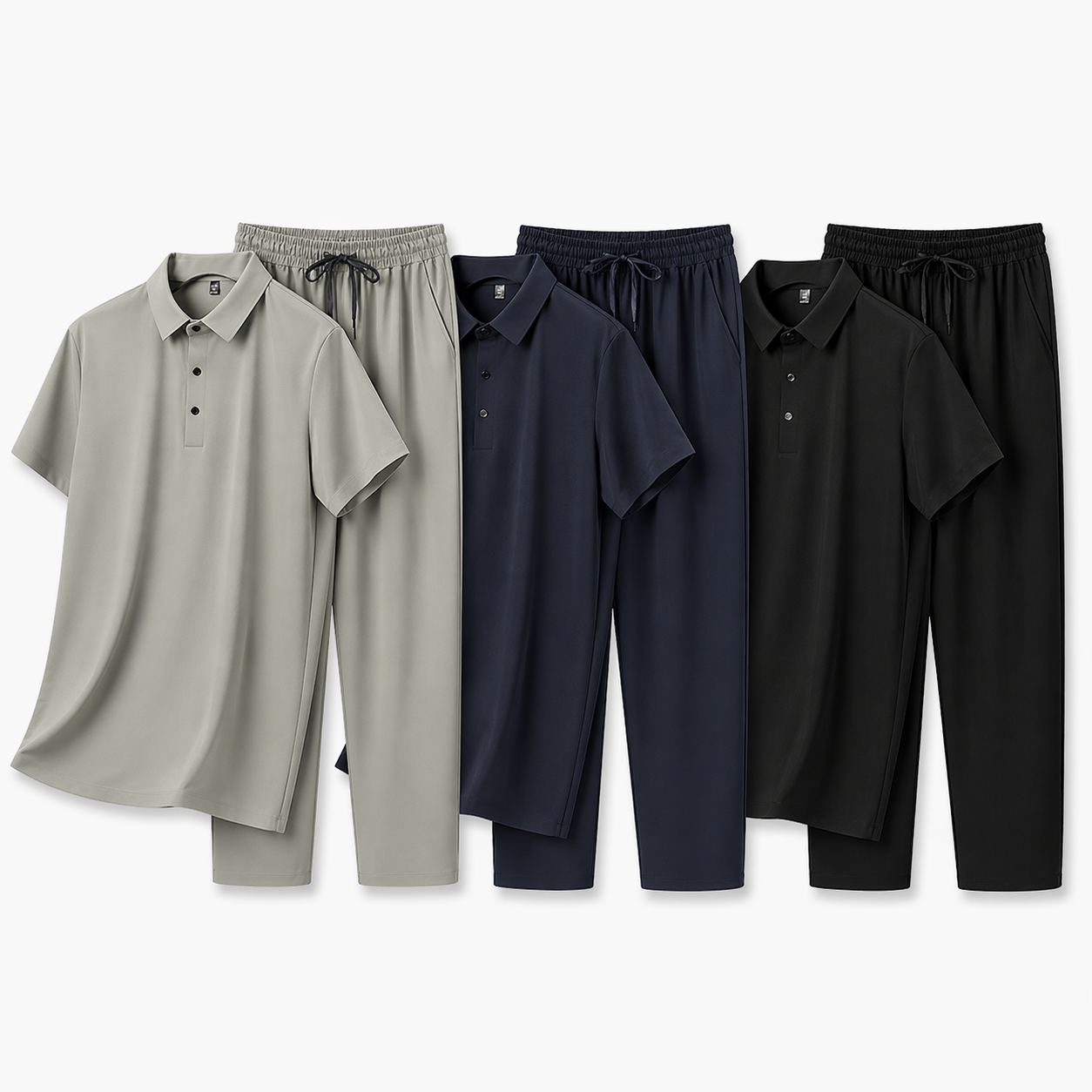Sommerens Favoritt: Pustende Herresett i Is-silke – Polo &amp; Bukse i Todelt Joggedress Pakke – 7879 Khaki + 7879 Marineblå + 7879 Svart
