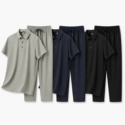 Sommerens Favoritt: Pustende Herresett i Is-silke – Polo &amp; Bukse i Todelt Joggedress Pakke – 7879 Khaki + 7879 Marineblå + 7879 Svart