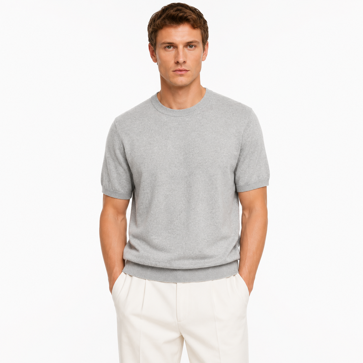 Strikket T-skjorte til Herre – Rund Hals i Ullblanding for Business Casual Stil