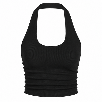 Hvit Halter Crop Top til Dame – Ribbestrikket Backless Sommertopp