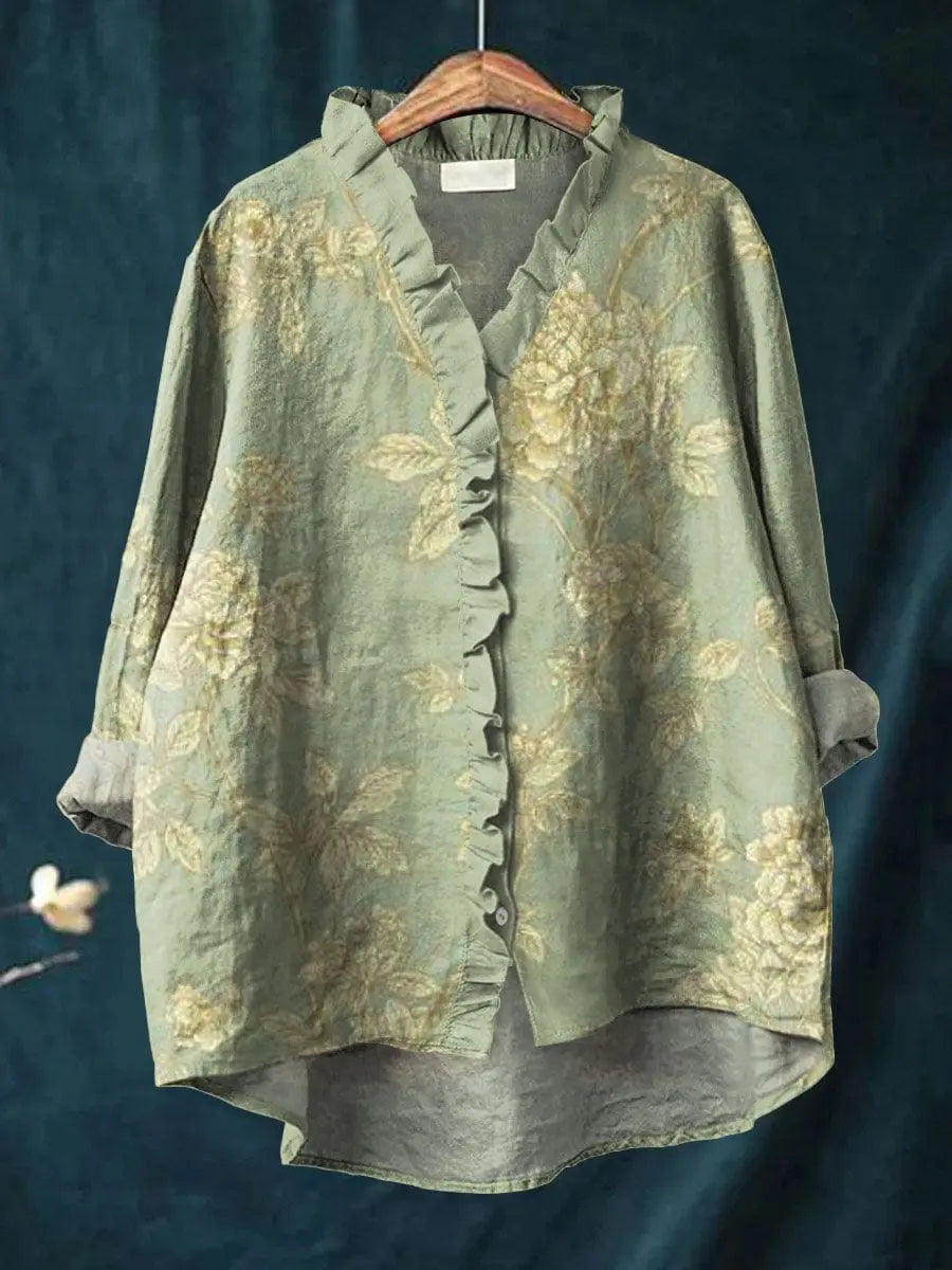 Amelise | Blomstret linbluse med volang – S