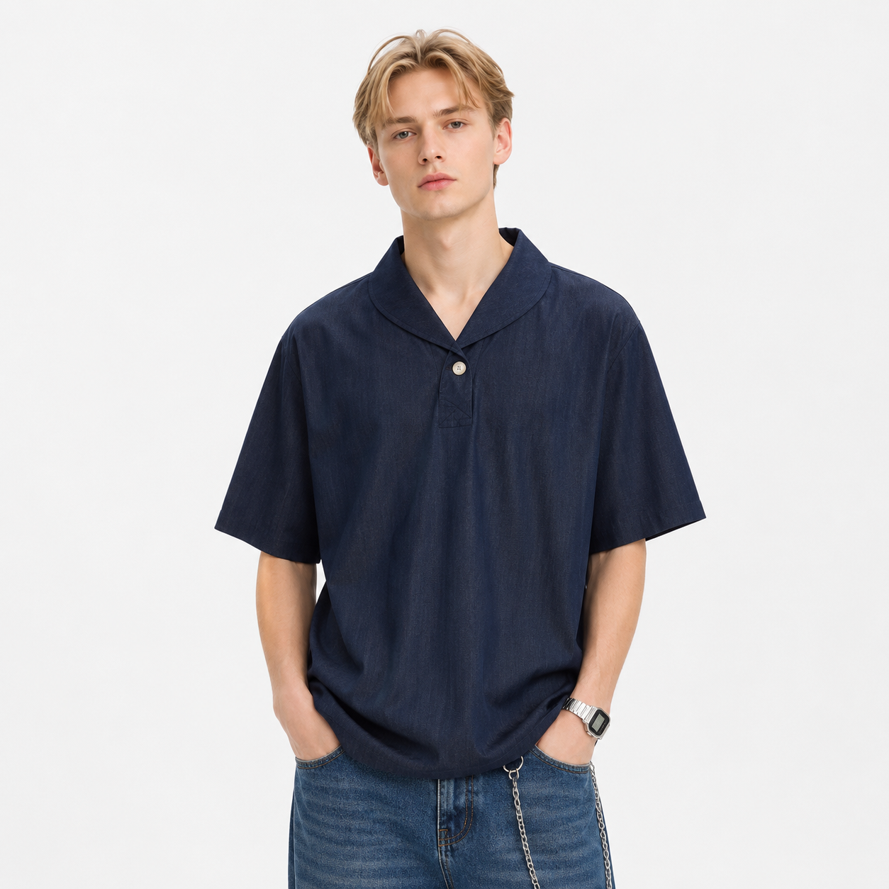 Kortermet Polo til Herre | Elegant Ensfarget T-Skjorte med Krage – Marineblå