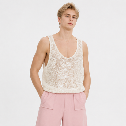Ermeløs T-Skjorte til Herre | Tank Topp med Rå Kanter og Hulldetaljer – Beige
